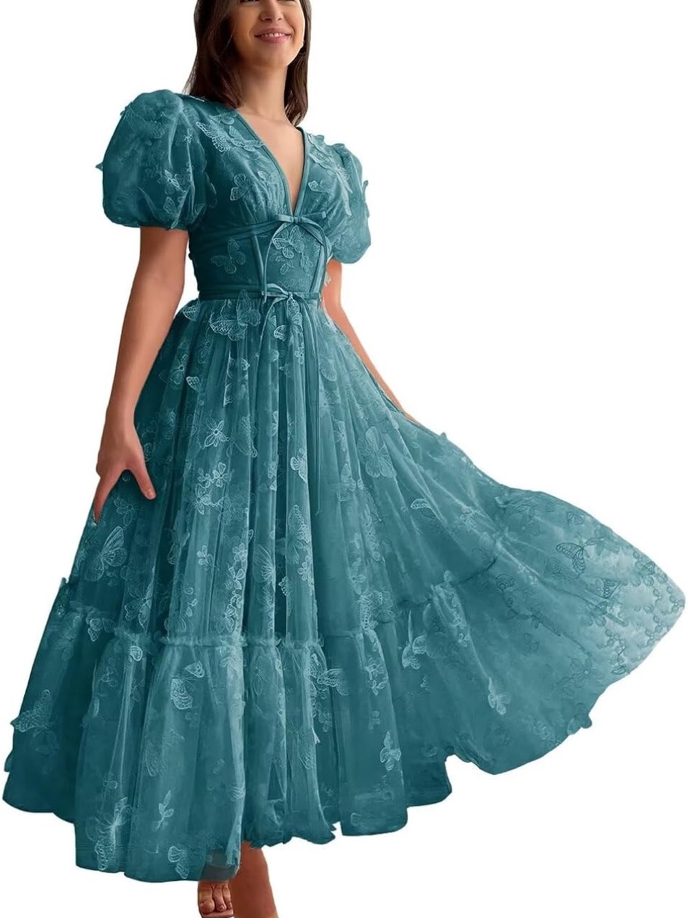 Amazon Teal Lace Puff-Sleeve Maxi Dress